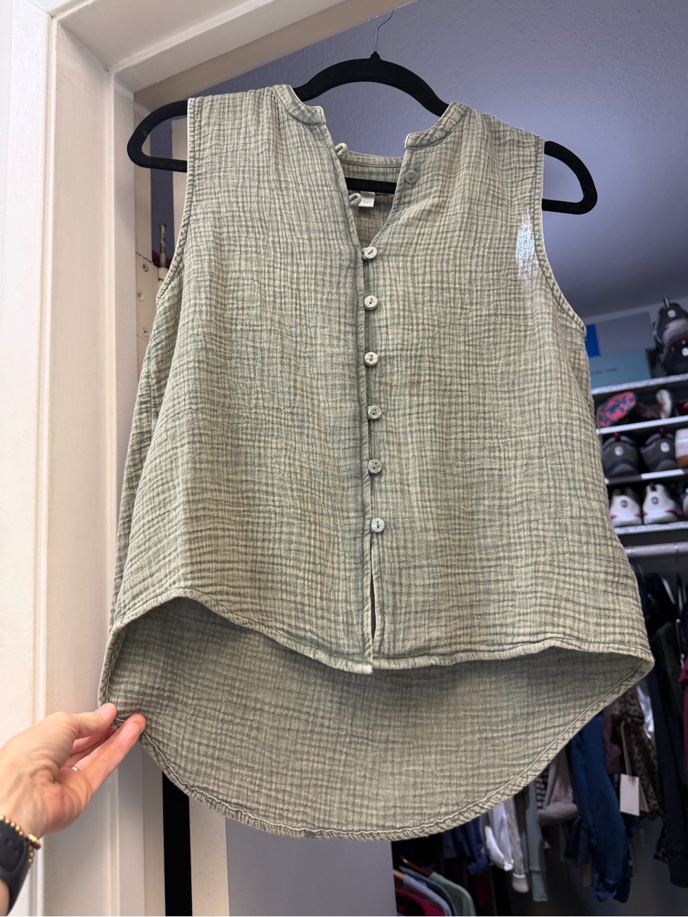 Splendid Sage Green Button-Front Gauze Sleeveless Top